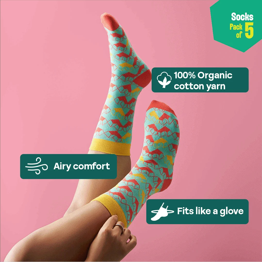 Pattern Palooza! Unisex Socks, 100% Organic Cotton, Crew Length, Pack of 5