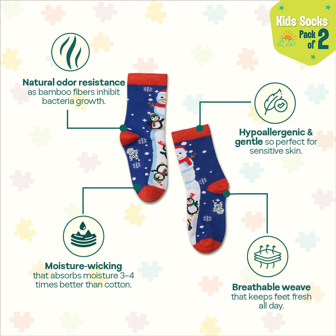 Snowy Holiday! Unisex Kid's Socks, 100% Bamboo, Crew Length, Pack of 2