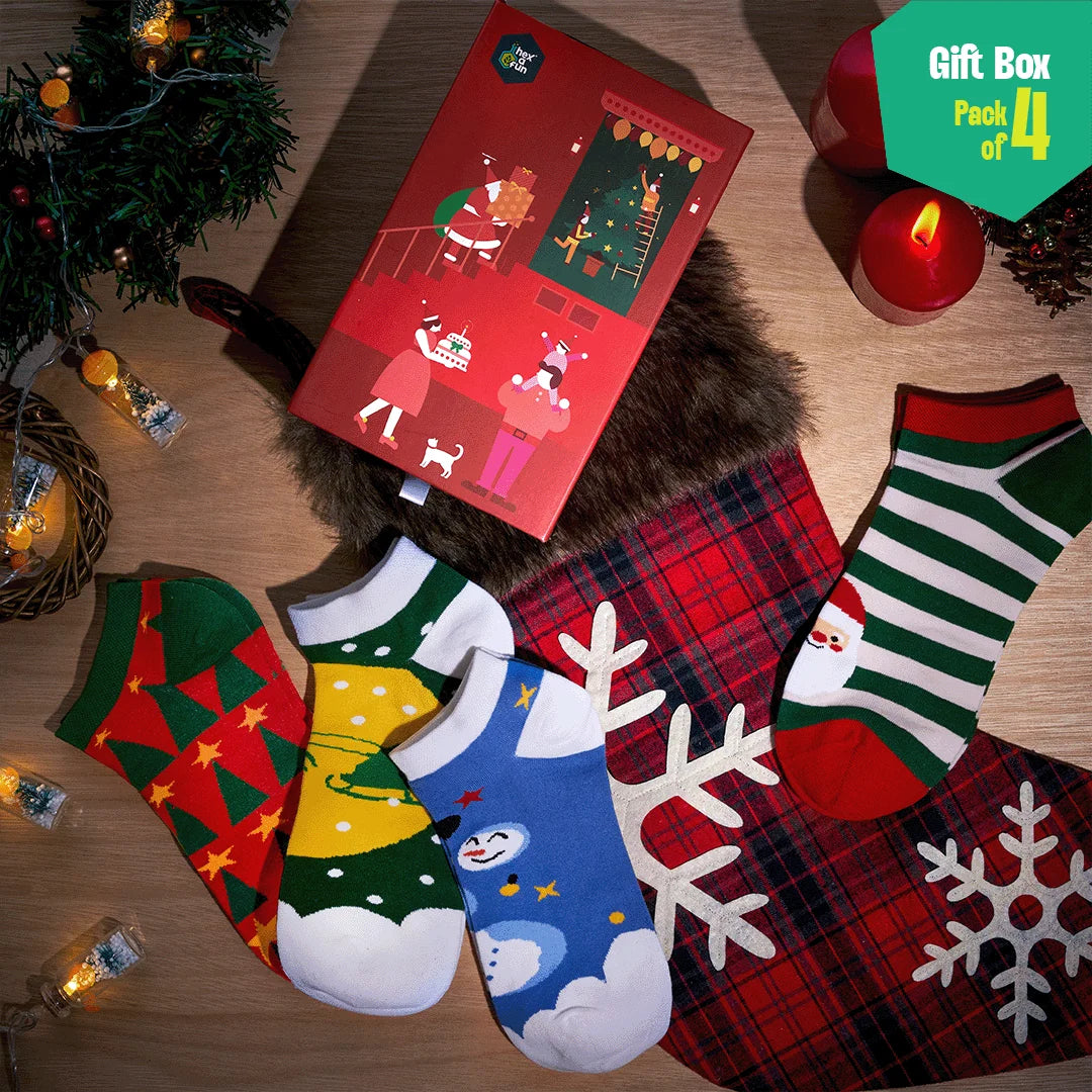 HO! HO! Merry Sox-mas! Unisex Ankle Length Socks, 100% Organic Cotton, Gift Box of 4