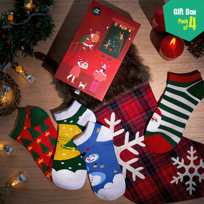 HO! HO! Merry Sox-mas! Unisex Ankle Length Socks, 100% Organic Cotton, Gift Box of 4