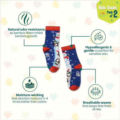 Snowy Holiday! Unisex Kid's Socks, 100% Bamboo, Crew Length, Pack of 2