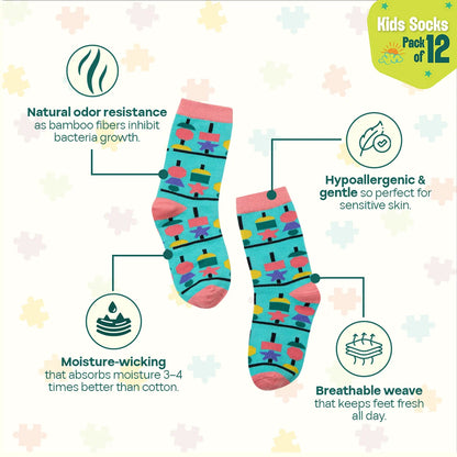 Twinkle Toes! Unisex Kid's Socks, 100% Bamboo, Crew Length, Pack of 12