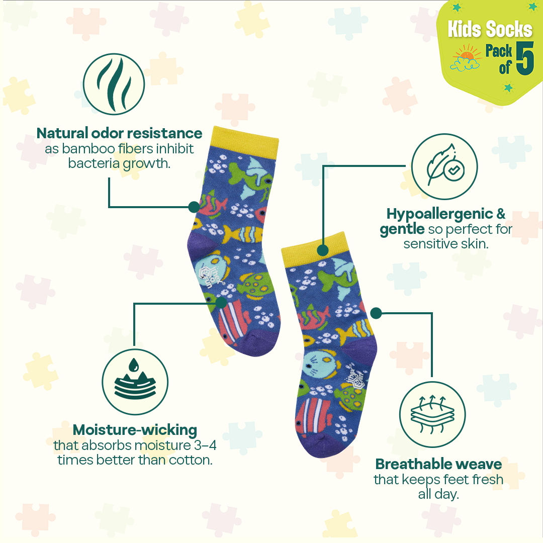 Zoo-manji! Unisex Kid's Socks, 100% Bamboo, Crew Length, Pack of 5