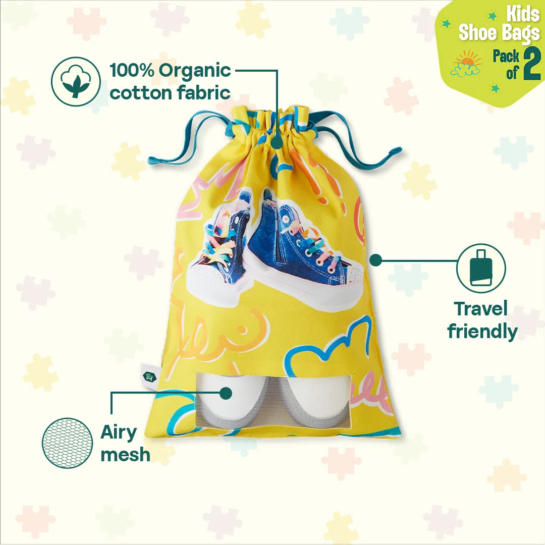 Toe Twisters! Unisex Kid's Shoe Bags, 100% Organic Cotton, Pack of 2