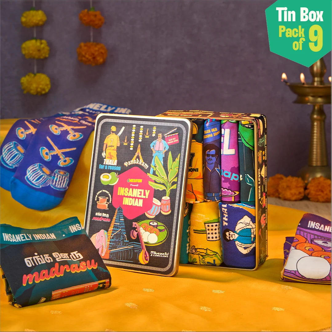 Vanakkam Vibes! Tin Gift Box, 6 Hankies + 3 Socks, 100% Organic Cotton, Box of 9
