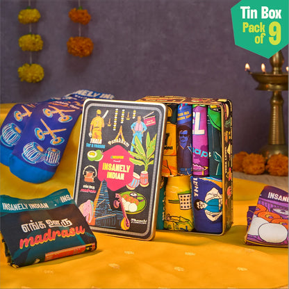 Vanakkam Vibes! Tin Gift Box, 6 Hankies + 3 Socks, 100% Organic Cotton, Box of 9