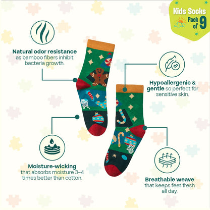 Snowflake Dance! Unisex Kid's Socks, 100% Bamboo, Crew Length, Pack of 9