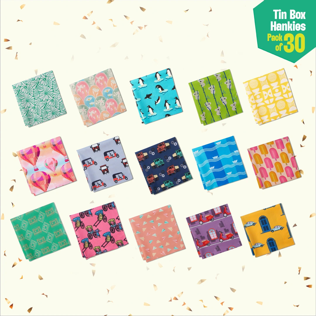 GMT! Giraffe Mood Time! Tin Gift Box, Unisex Hankies, 100% Organic Cotton, Box Of 30