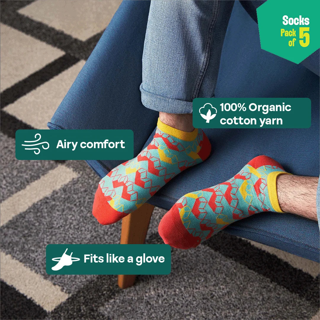 Pattern Palooza! Unisex Socks, 100% Organic Cotton, Ankle Length, Pack of 5