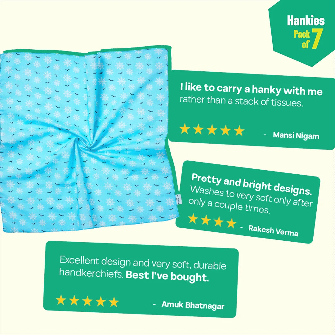 Travel Bug! Large Unisex Hankies, 100% Organic Cotton, Pack of 7