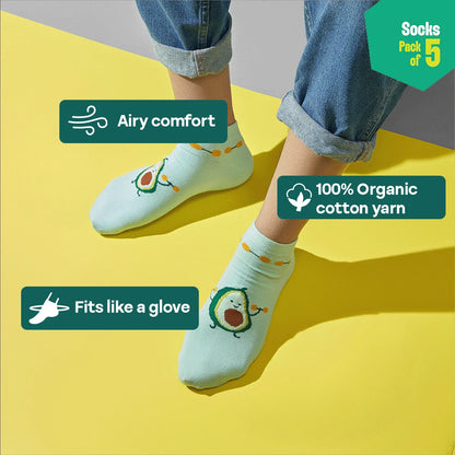 Snacks Drawer! Unisex Socks, 100% Organic Cotton, Ankle Length, Pack of 5
