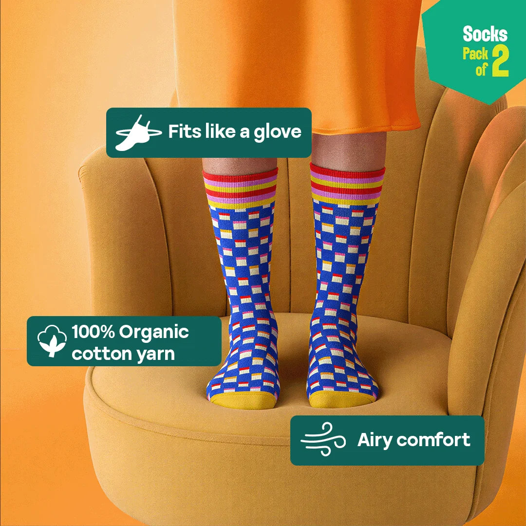 Rainbow Check! Unisex Socks, 100% Organic Cotton, Crew Length, Pack of 2