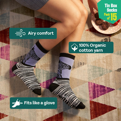 EOD! Elephant Of The Day! Tin Gift Box, Unisex Crew Length Socks, 100% Organic Cotton, Box Of 15