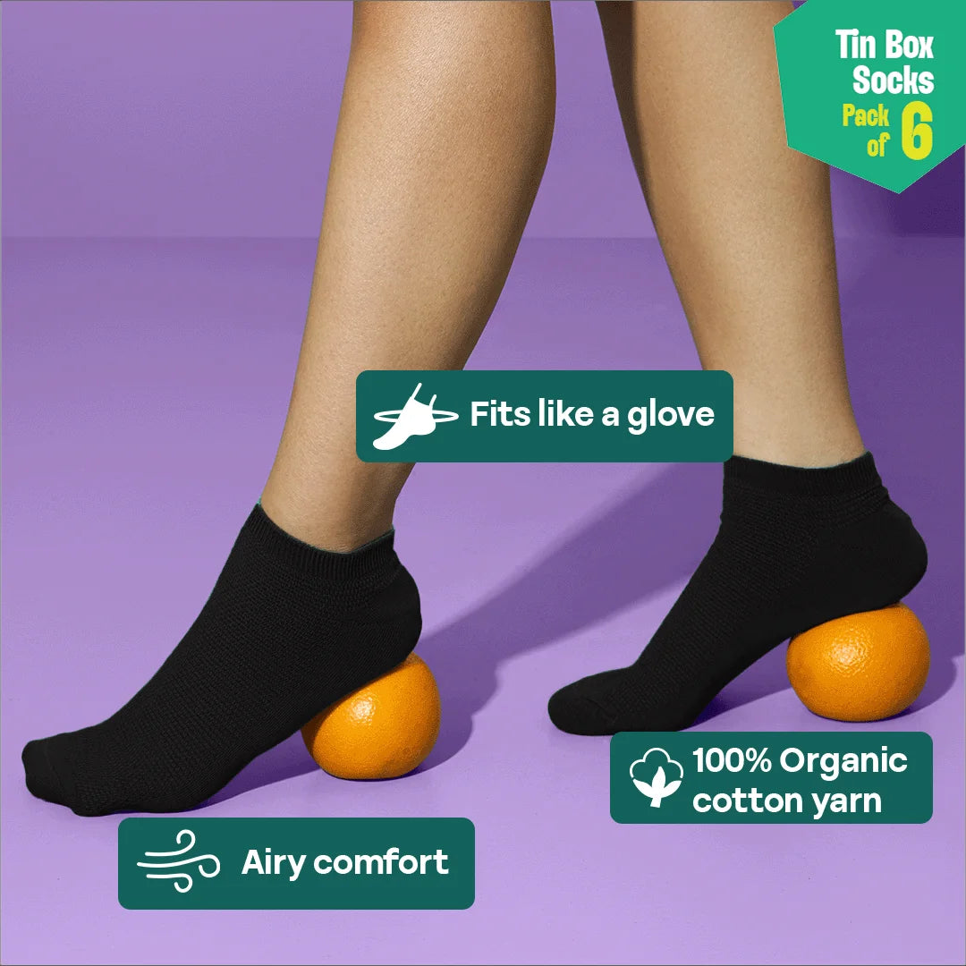 Office Flex! Tin Gift Box, Unisex Ankle Length Socks, 100% Organic Cotton, Gift Box of 06