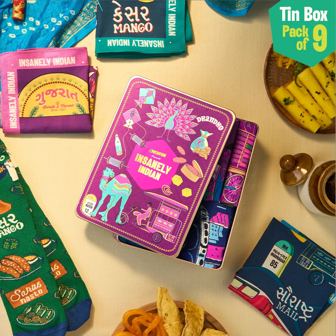 Majjama Mood Box! Tin Gift Box, 6 Hankies + 3 Socks, 100% Organic Cotton, Box of 9