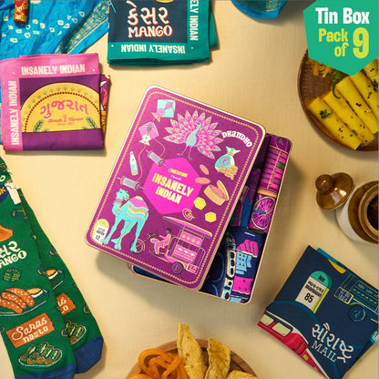 Majjama Mood Box! Tin Gift Box, 6 Hankies + 3 Socks, 100% Organic Cotton, Box of 9