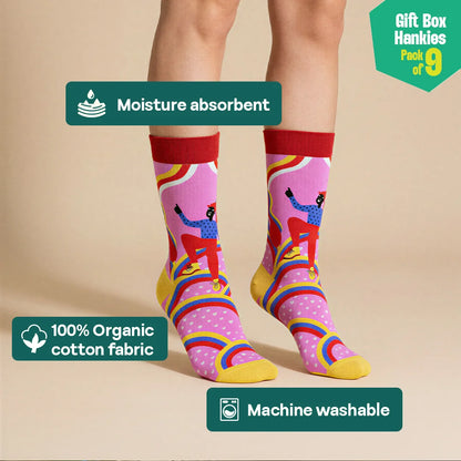 Love Wins! 6 Large Unisex Hankies + 3 Unisex Crew Length Socks, 100% Organic Cotton, Gift Box of 9