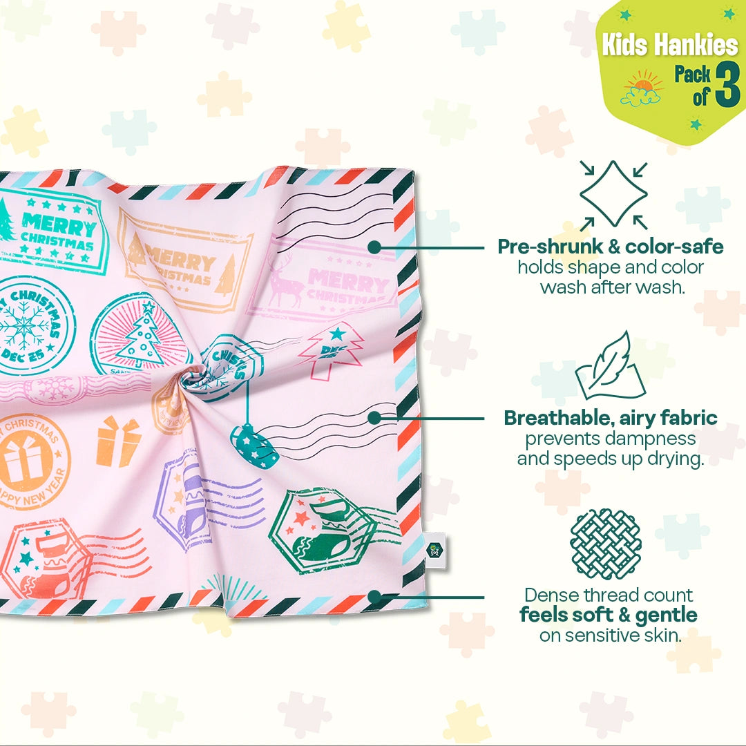 Xmas Vibes! Unisex Kid's Hankies, 100% Organic Cotton, Pack of 3