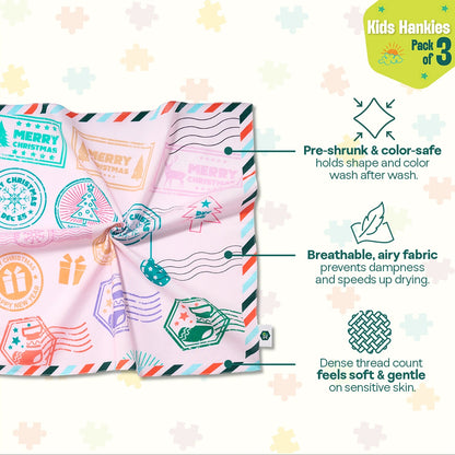 Xmas Vibes! Unisex Kid's Hankies, 100% Organic Cotton, Pack of 3