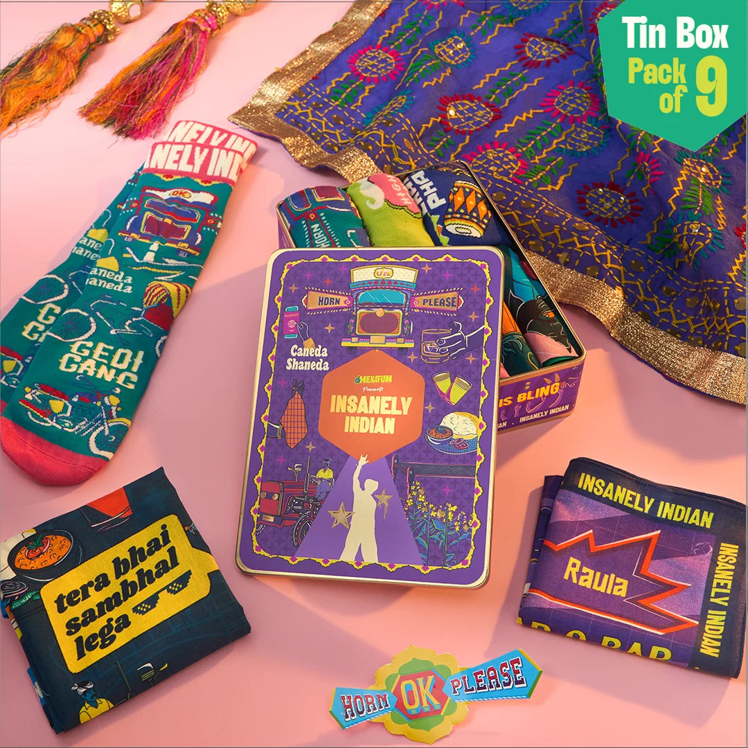 Horn Ok Please! Tin Gift Box, 6 Hankies + 3 Socks, 100% Organic Cotton, Box of 9