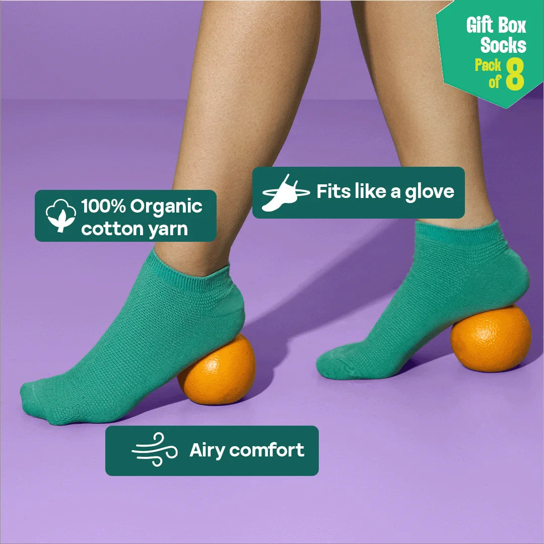 Glam & Glitter! Unisex Ankle Length Socks, 100% Organic Cotton, Gift Box of 8