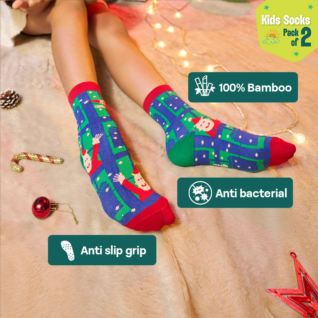 Snowy Holiday! Unisex Kid's Socks, 100% Bamboo, Crew Length, Pack of 2