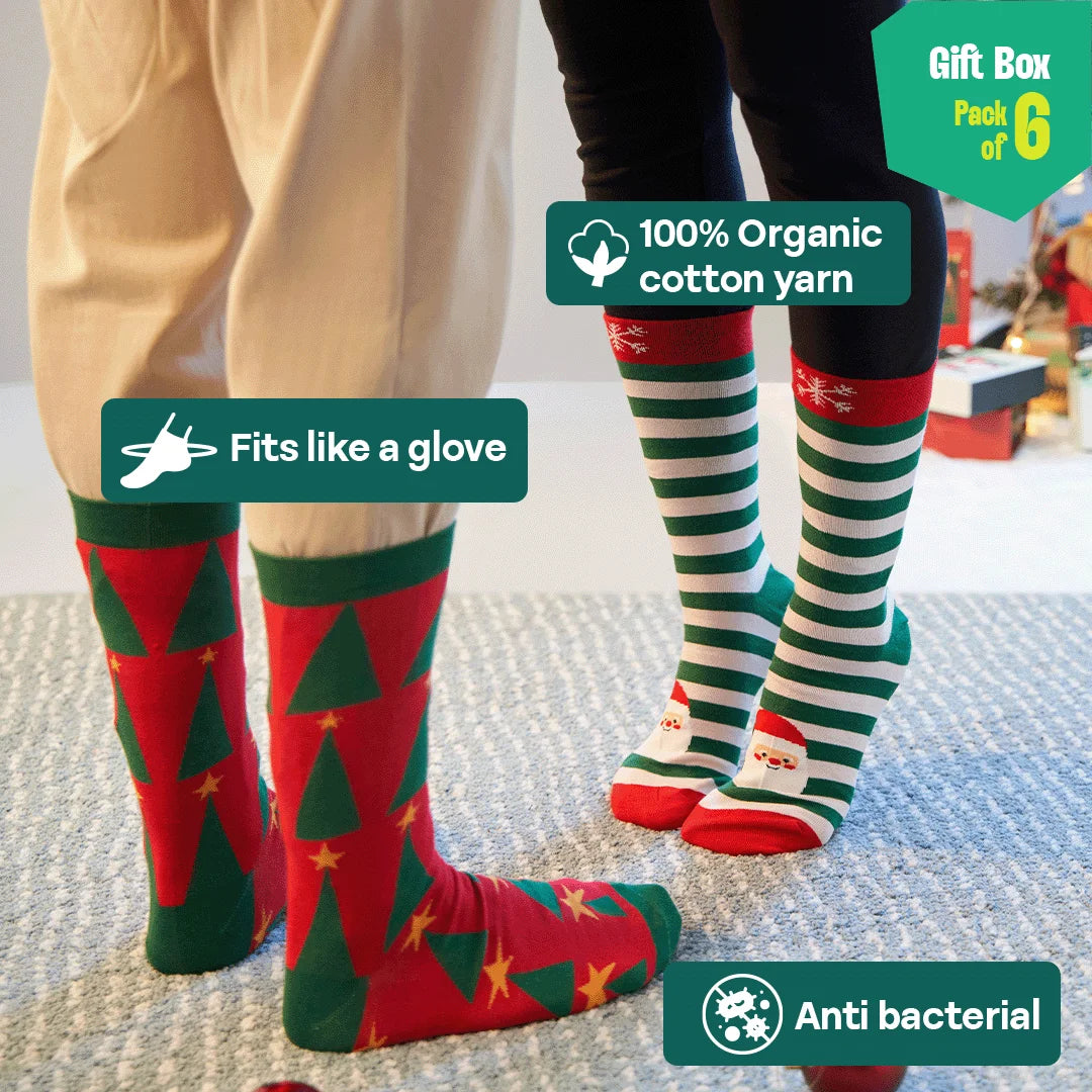 JLT! Jingle Bell Like That! 2 Unisex Crew Length Socks + 4 Unisex Hankies, 100% Organic Cotton, Gift Box of 6