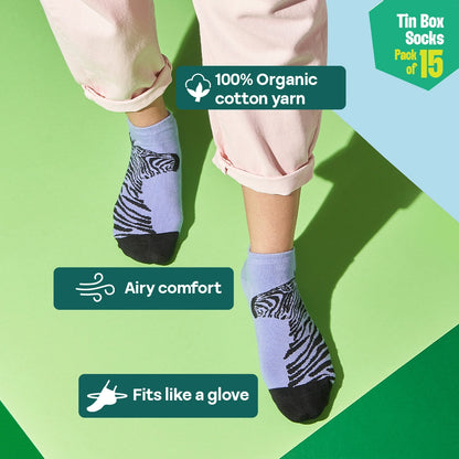 EOD! Elephant Of The Day! Tin Gift Box, Unisex Ankle Length Socks, 100% Organic Cotton, Box Of 15