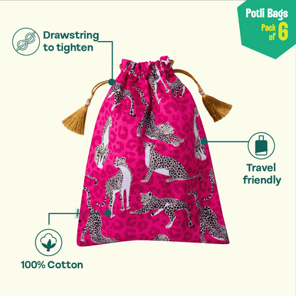 Welcome To Jungle! Unisex Potli Bags, 100% Cotton, Pack of 6