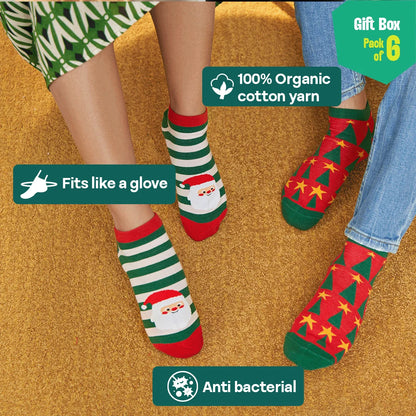 JLT! Jingle Bell Like That! 2 Unisex Ankle Length Socks + 4 Unisex Hankies, 100% Organic Cotton, Gift Box of 6