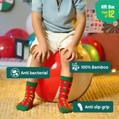 Xmas Stamps 2.0! 6 Unisex Kid's Socks + 6 Unisex Kid's Hankies, 100% Sustainable, Gift Box of 12