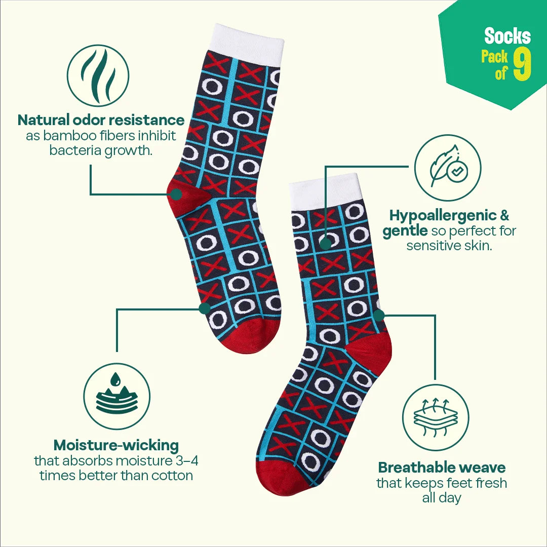 Flex Mode! Unisex Socks, 100% Bamboo, Crew Length, Pack of 9
