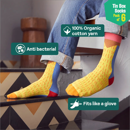 Lookbook! Tin Gift Box, Unisex Crew Length Socks, 100% Organic Cotton, Gift Box of 6