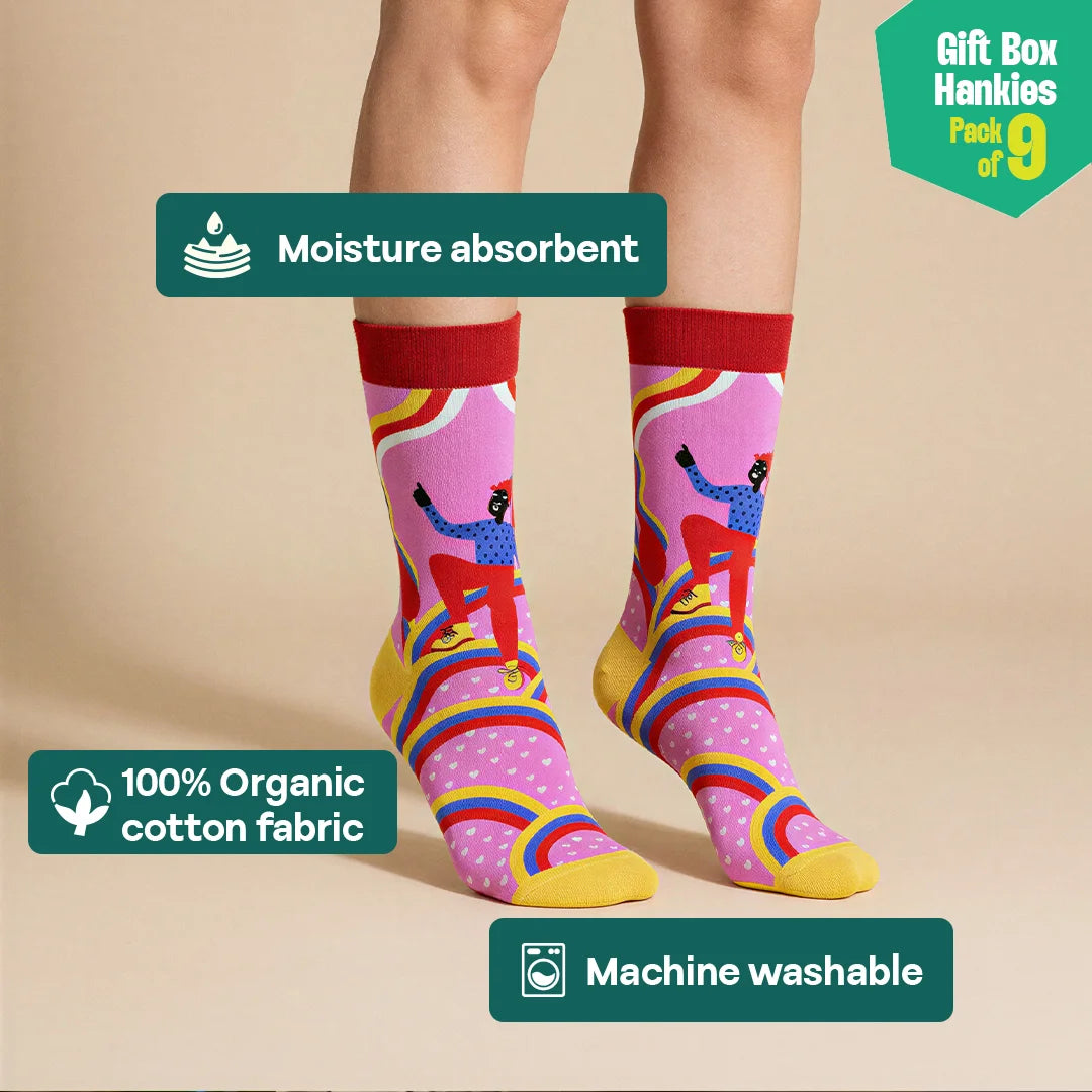 Love Wins! 6 Small Unisex Hankies + 3 Unisex Crew Length Socks, 100% Organic Cotton, Gift Box of 9