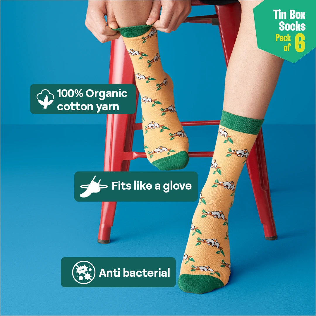 Beat Play! Tin Gift Box, Unisex Crew Length Socks, 100% Organic Cotton, Gift Box of 6