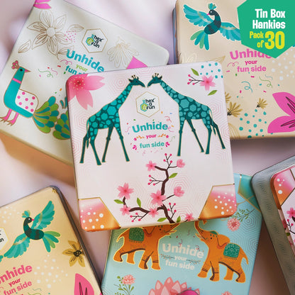 GMT! Giraffe Mood Time! Tin Gift Box, Unisex Hankies, 100% Organic Cotton, Box Of 30
