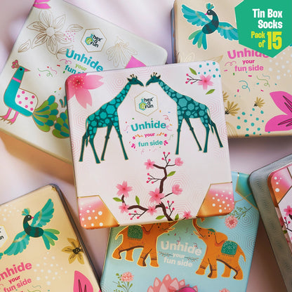 GMT! Giraffe Mood Time! Tin Gift Box, Unisex Ankle Length Socks, 100% Organic Cotton, Box Of 15