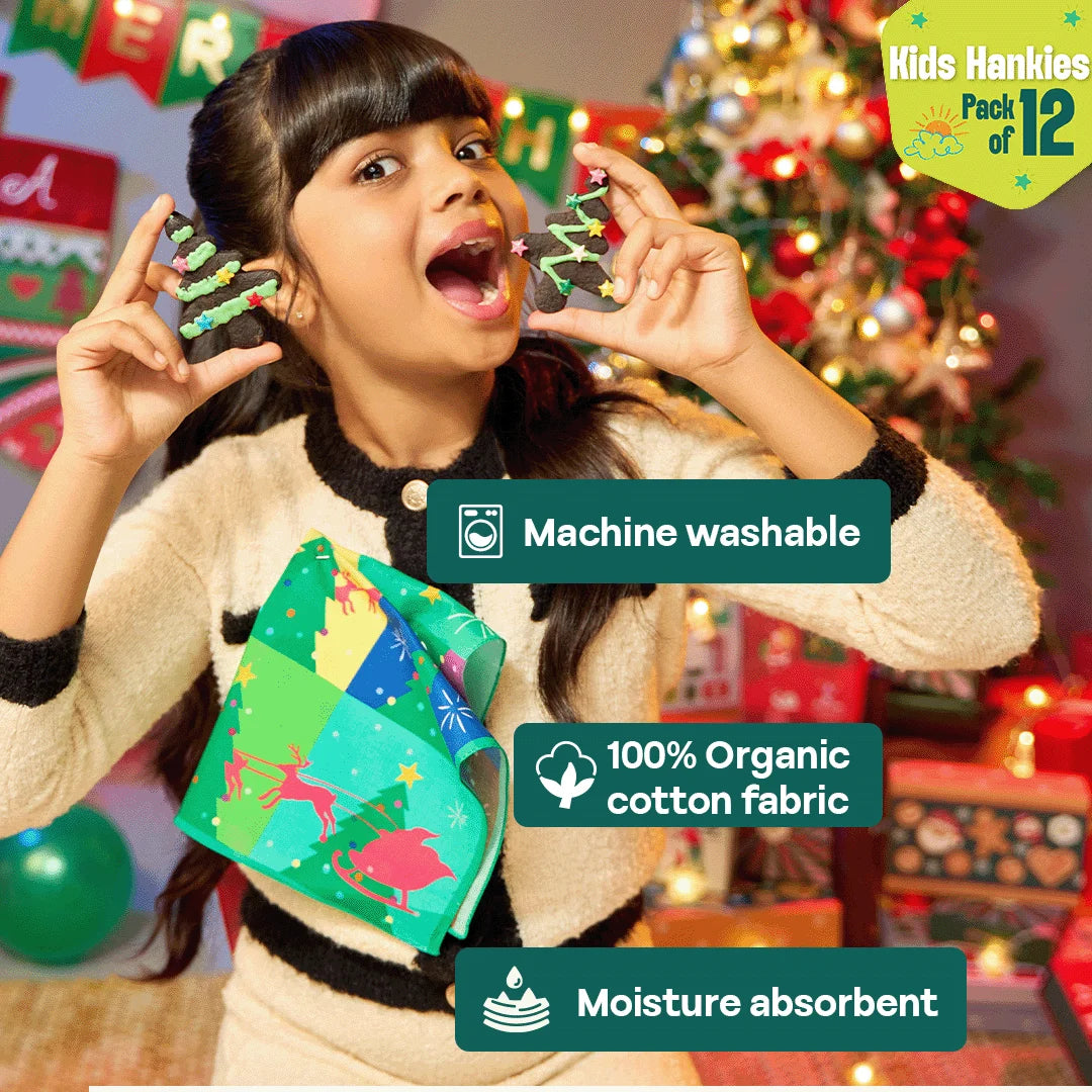 Jingle Mingle! Tin Gift Box, Unisex Kid's Hankies, 100% Organic Cotton, Box of 12