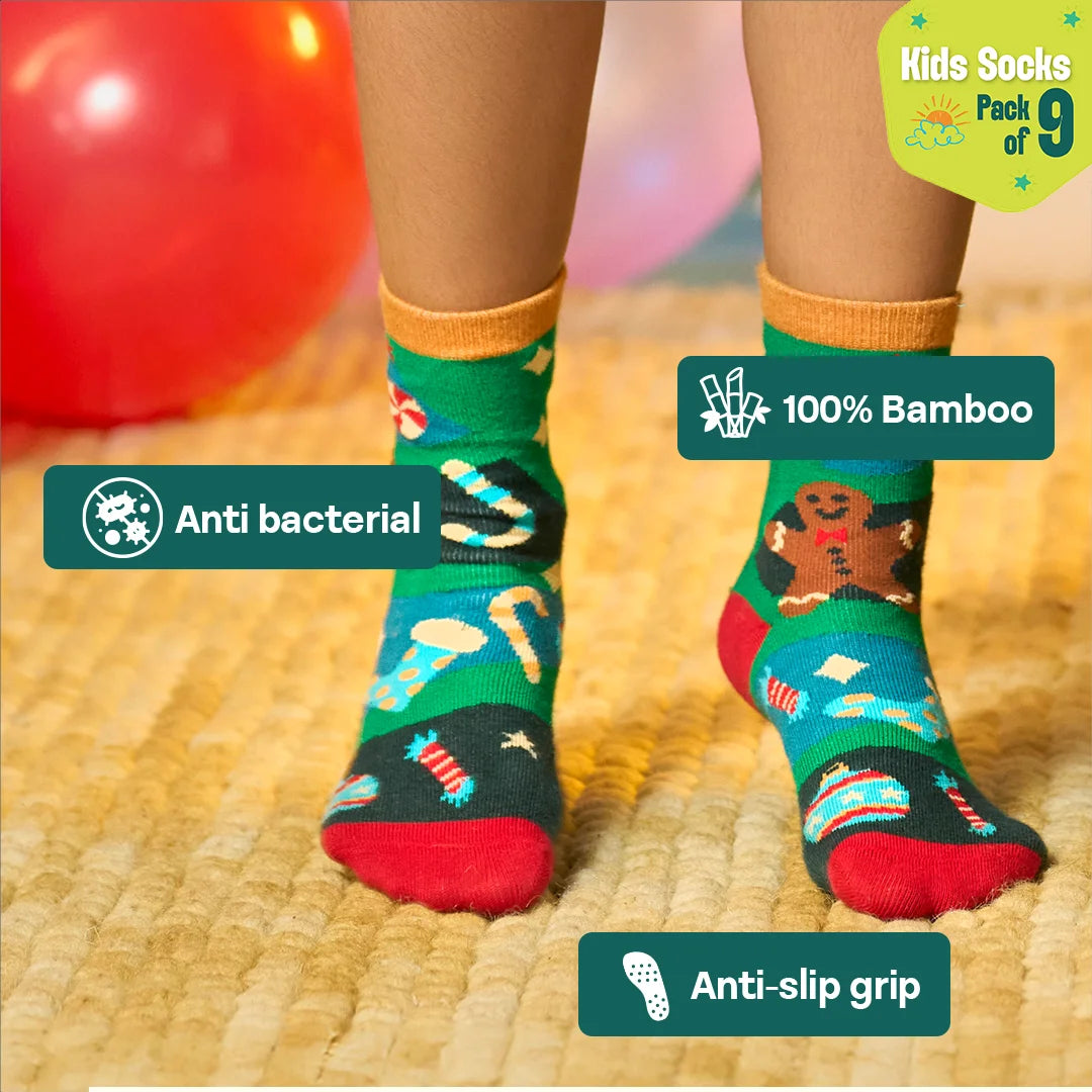 Snowflake Dance! Unisex Kid's Socks, 100% Bamboo, Crew Length, Pack of 9