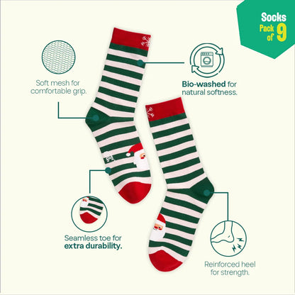 Christmas Music! Unisex Socks, 100% Organic Cotton, Crew Length, Pack of 9