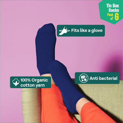Outfit Vibes! Tin Gift Box, Unisex Ankle Length Socks, 100% Organic Cotton, Gift Box of 6