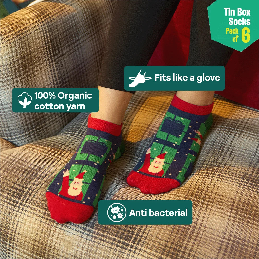 Season Splash! Tin Gift Box, Unisex Ankle Length Socks, 100% Organic Cotton, Box of 6