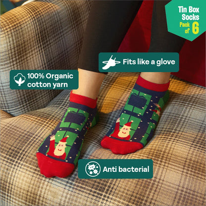 Season Splash! Tin Gift Box, Unisex Ankle Length Socks, 100% Organic Cotton, Box of 6