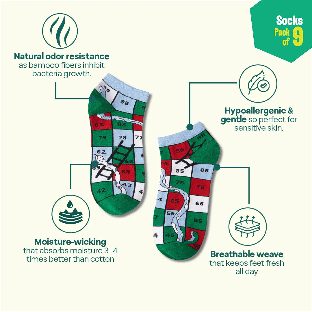 Flex Mode! Unisex Socks, 100% Bamboo, Ankle Length, Pack of 9