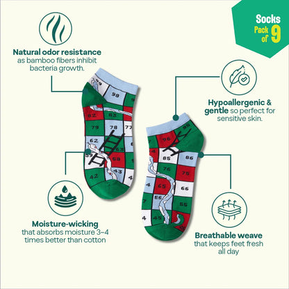 Flex Mode! Unisex Socks, 100% Bamboo, Ankle Length, Pack of 9