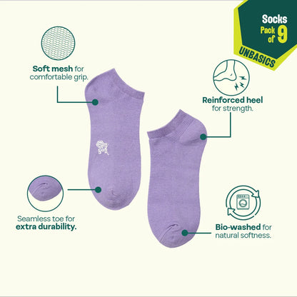 Pastel Spring! Unisex Socks, 100% Organic Cotton, Ankle Length, Pack of 9