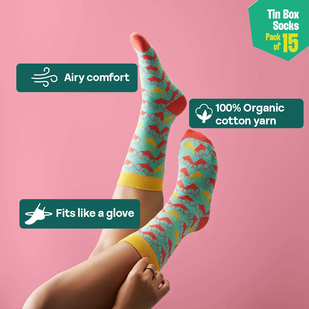 Carnival! Tin Gift Box, Unisex Crew Length Socks, 100% Organic Cotton, Box Of 15