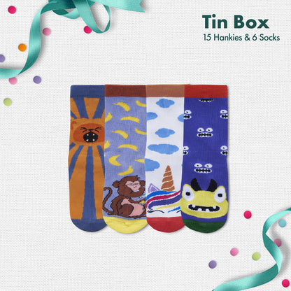 GMT! Giraffe Mood Time! Tin Gift Box, 15 Kid's Hankies + 6 Kid's Socks, 100% Organic Cotton, Box of 21