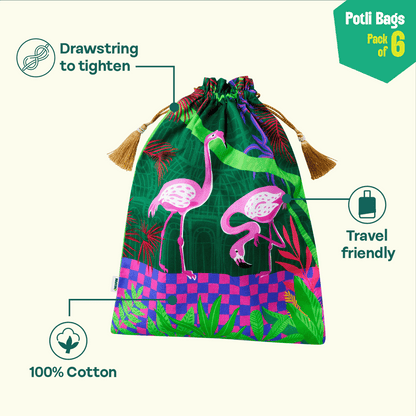 Wild Whispers! Unisex Potli Bags, 100% Cotton, Pack of 6