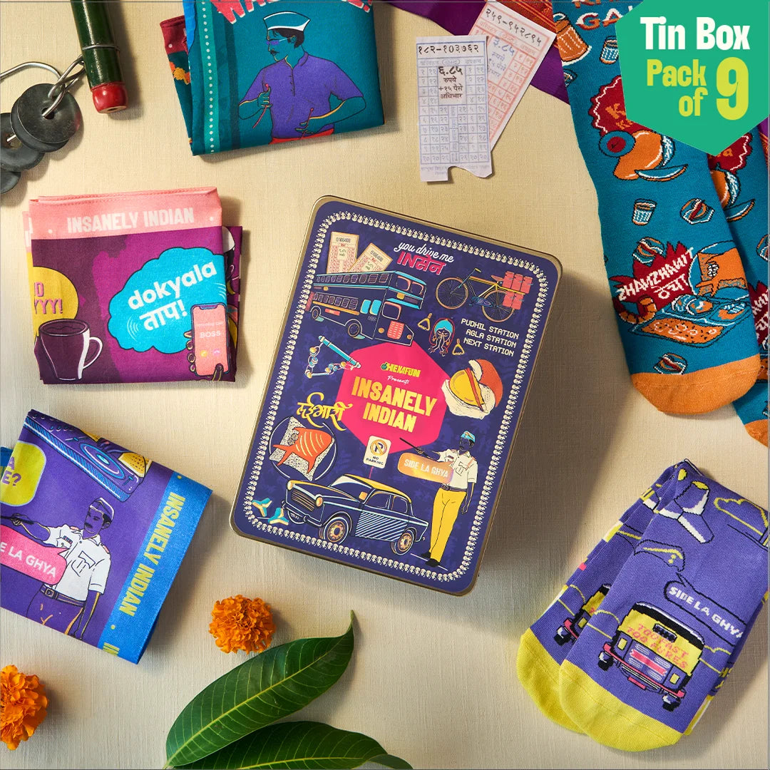 Lai Bhari Drip! Tin Gift Box, 6 Hankies + 3 Socks, 100% Organic Cotton, Box of 9